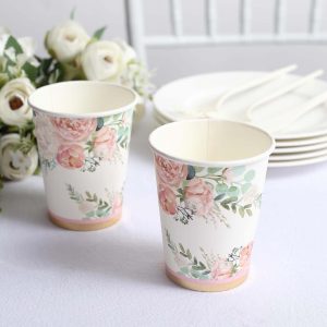 24-Pack Paper Cups 9oz Pink Peony Flower Print with Gold Foil - Stylish Disposable Party Cups for Hot & Cold Beverages